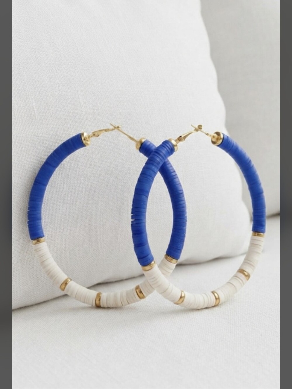 Bold Blue and Cream Hoop Earrings with Gold Accents - Picture 3 of 11